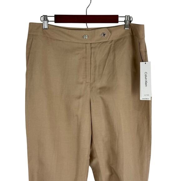 CALVIN KLEIN LINEN FLAT FRONT STRAIGHT LEG TROUSERS IN TAN NWT WOMEN'S SIZE 14P - Picture 4 of 16